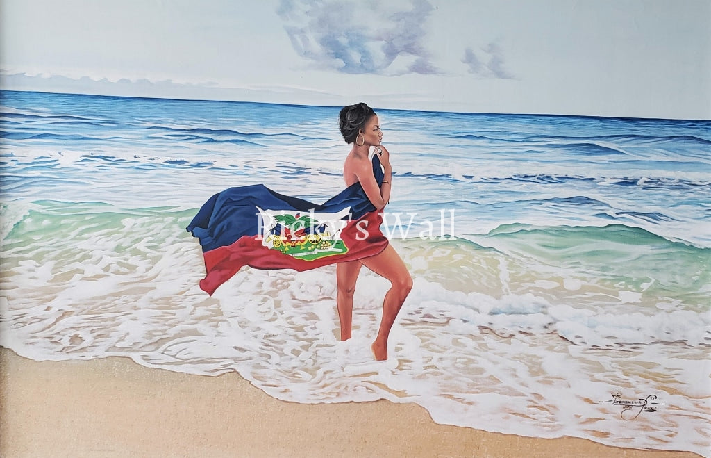 The Intimate Moment With The Haitian Flag - High Premium 47 X 32.5 In. By Genenrich Pierre Painting